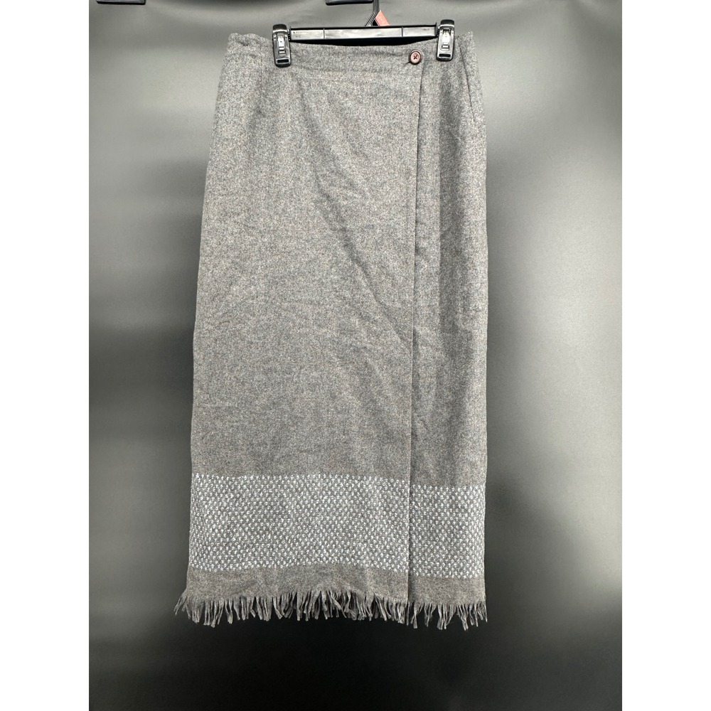 Tribal‎ Wool Blend Wrap Midi Skirt Grey Fringe Hem Size 12 Y2K